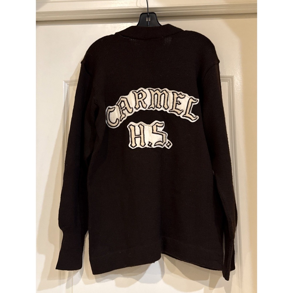 Vtg Varsity Brown Carmel High School Pure Wool Sweater Cardigan Sz L?‎ Preppy